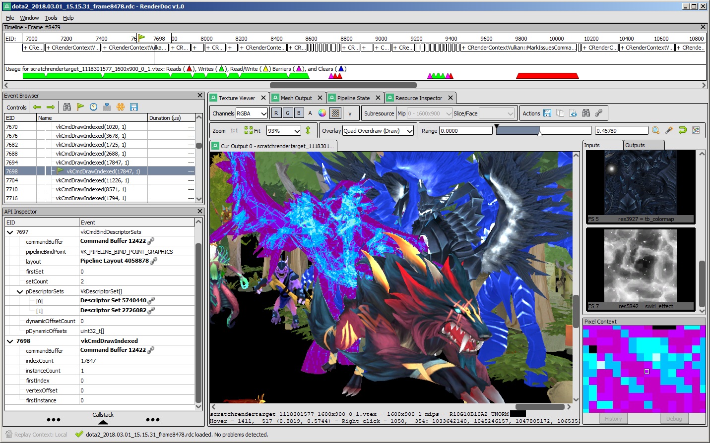 RenderDoc Pro showing a captured frame, event browser, texture viewer, and resource inspector.