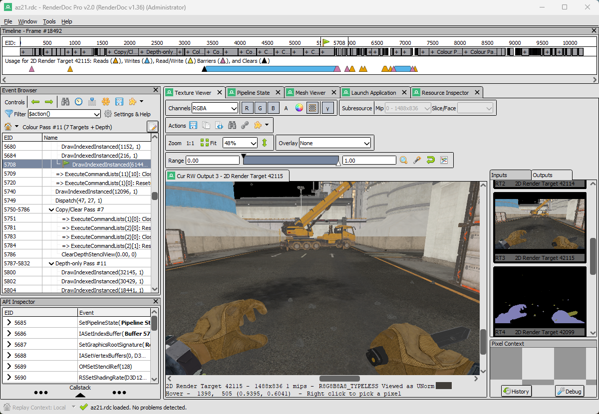 RenderDoc Pro connected to a Direct3D 11 game target with capture controls visible.