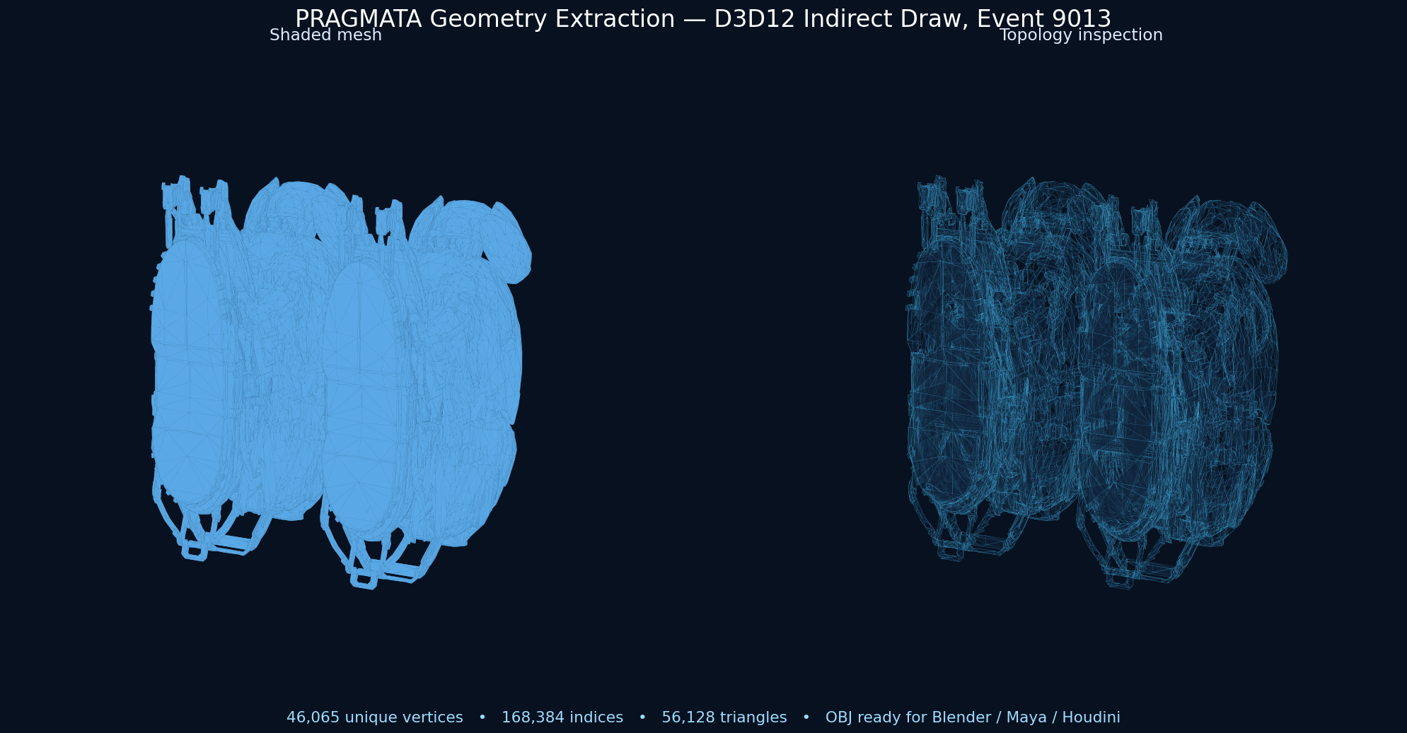 Shaded and wireframe preview of geometry exported from PRAGMATA draw event 9013