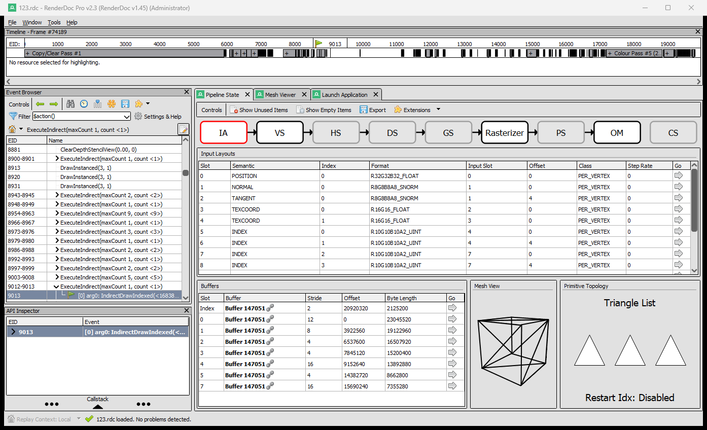 RenderDoc Pro pipeline state for PRAGMATA D3D12 indirect draw event 9013